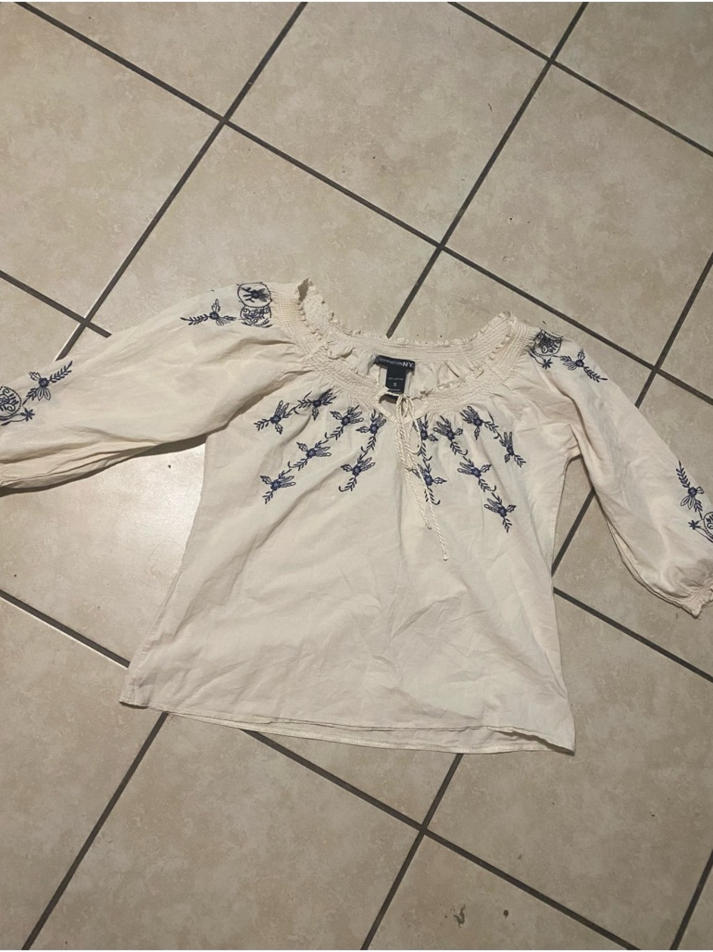 Cream Peasant Blouse with Blue Floral Embroidery
